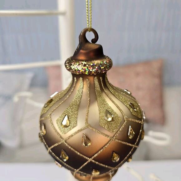 Blown Glass Finial Christmas Ornament Bronze Rhinestone Glitter - Picture 6 of 7